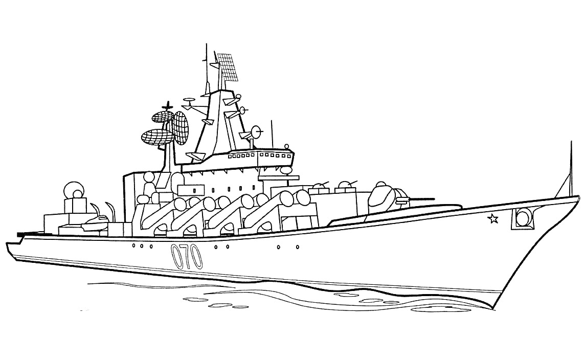 На раскраске изображено: Военный корабль, Море, Техника, Корабль, Военное оборудование, Пушка
