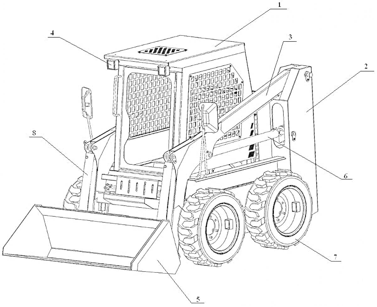 Раскраска Погрузчик с ковшом, кабиной, колесами, опорными рычагами, зеркалами заднего вида, радиаторной решеткой, световыми элементами
