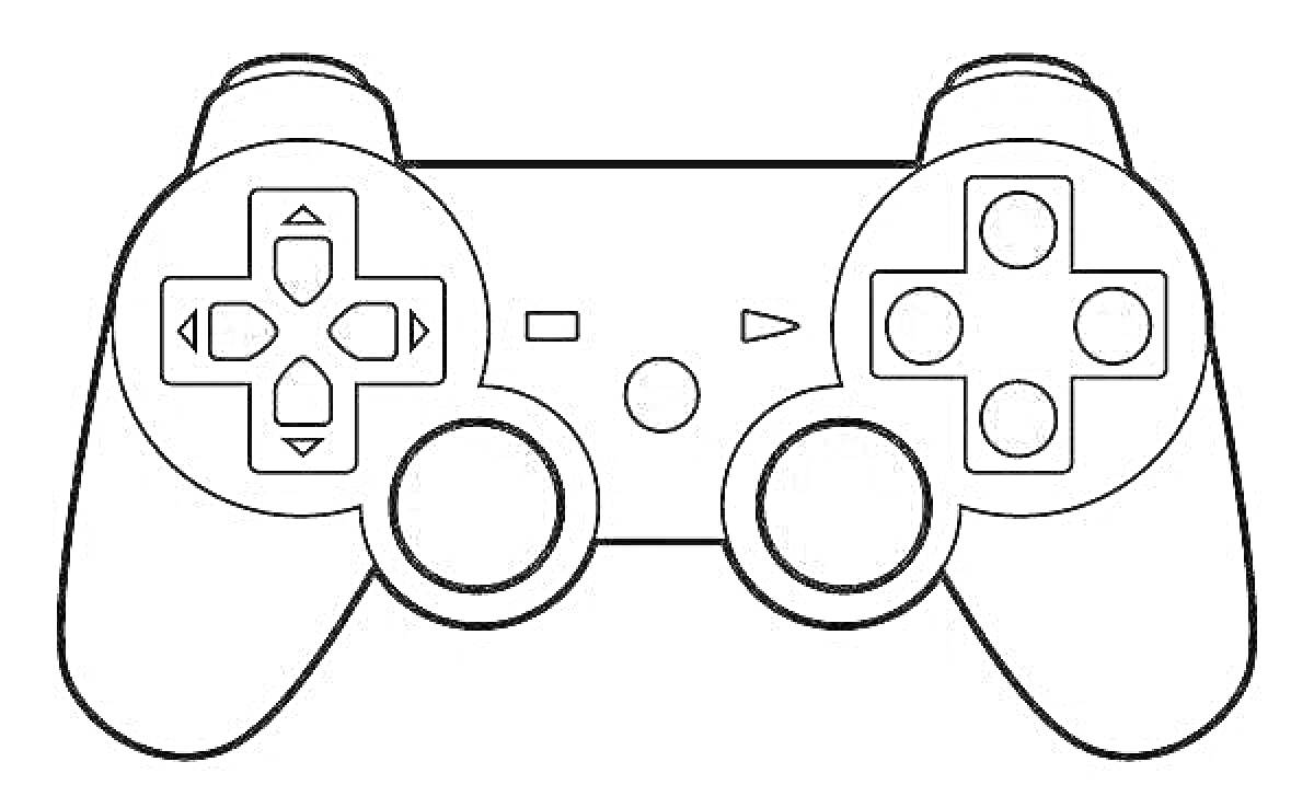 Раскраска с изображением контроллера PlayStation с крестовиной, кнопками треугольника, круга, креста и квадрата, двумя джойстиками и кнопками Options и Share