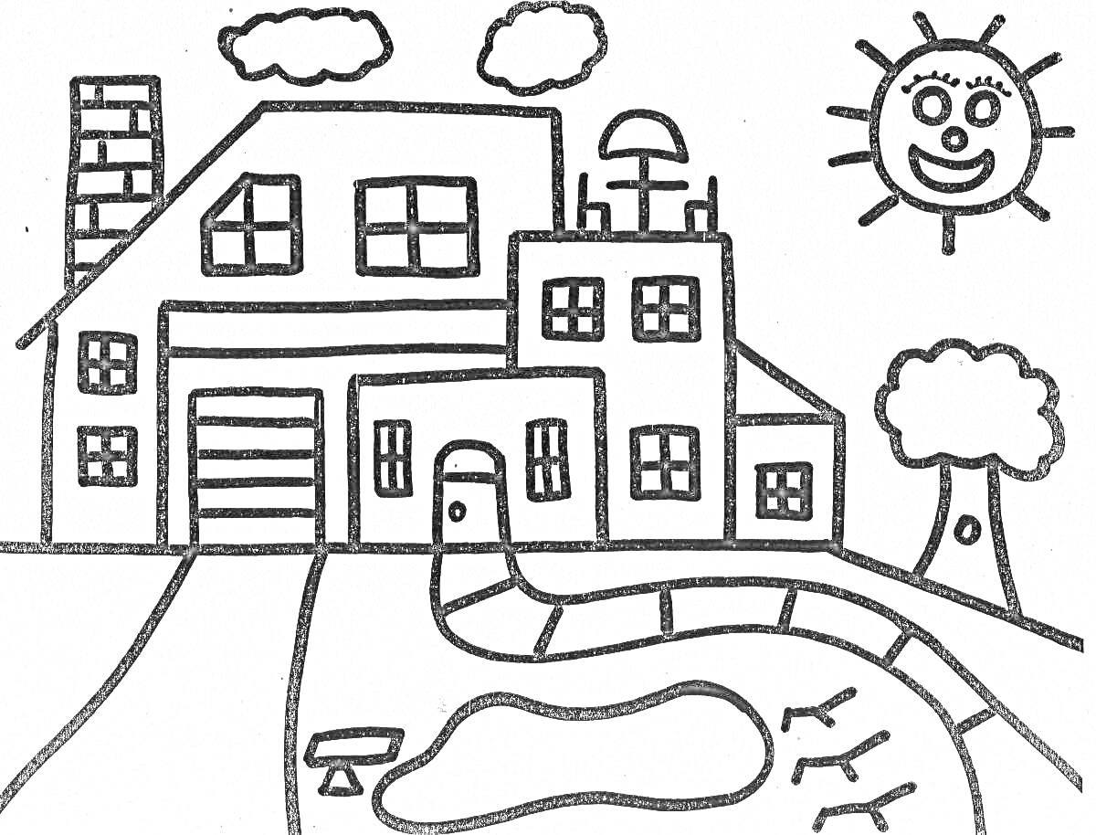 Раскраска Дом с садом: дом, окна, двери, дымоход, деревья, облака, пруд, дорожка, лужайка, солнце с лицом, забор, стол и стул