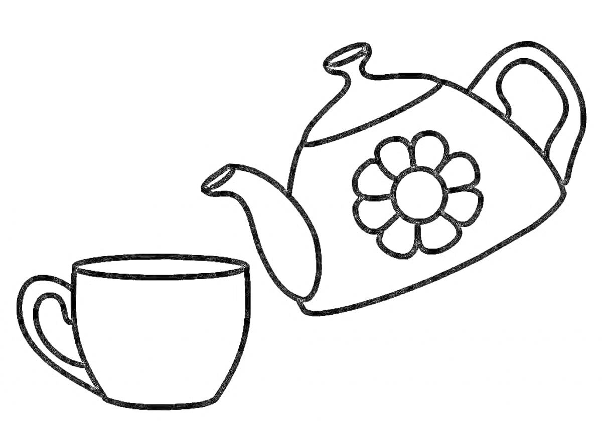 На раскраске изображено: Посуда, Чаепитие, Линии, Для раскрашивания, Цветы, Контурные рисунки, Чайники, Чашки