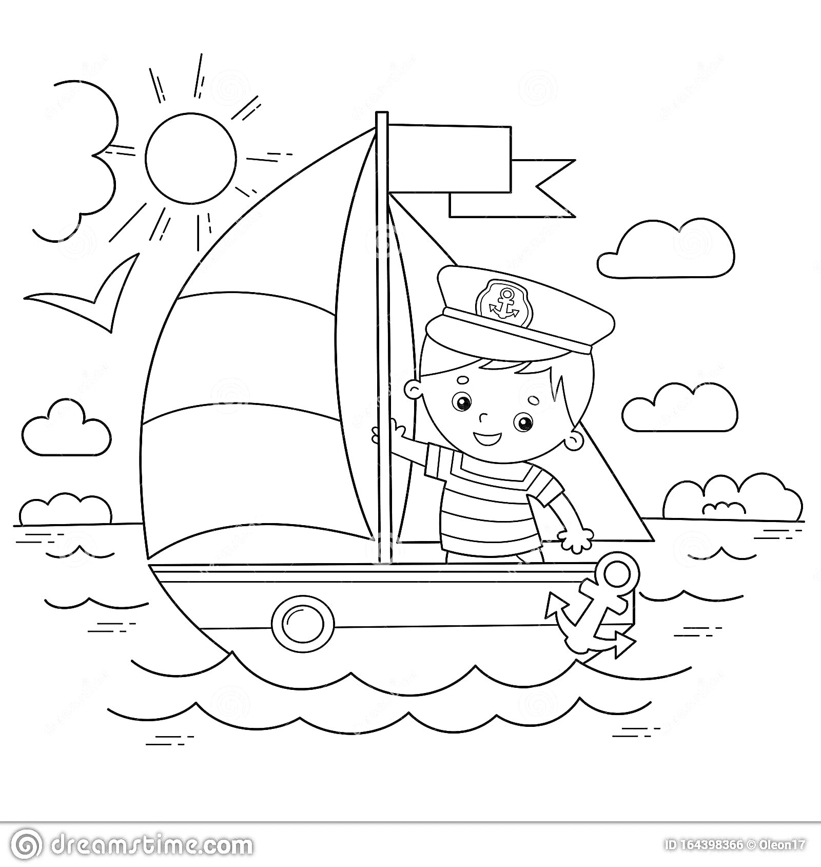 На раскраске изображено: Юнга, Лодка, Море, Облака, Солнце, Моряк, Корабль