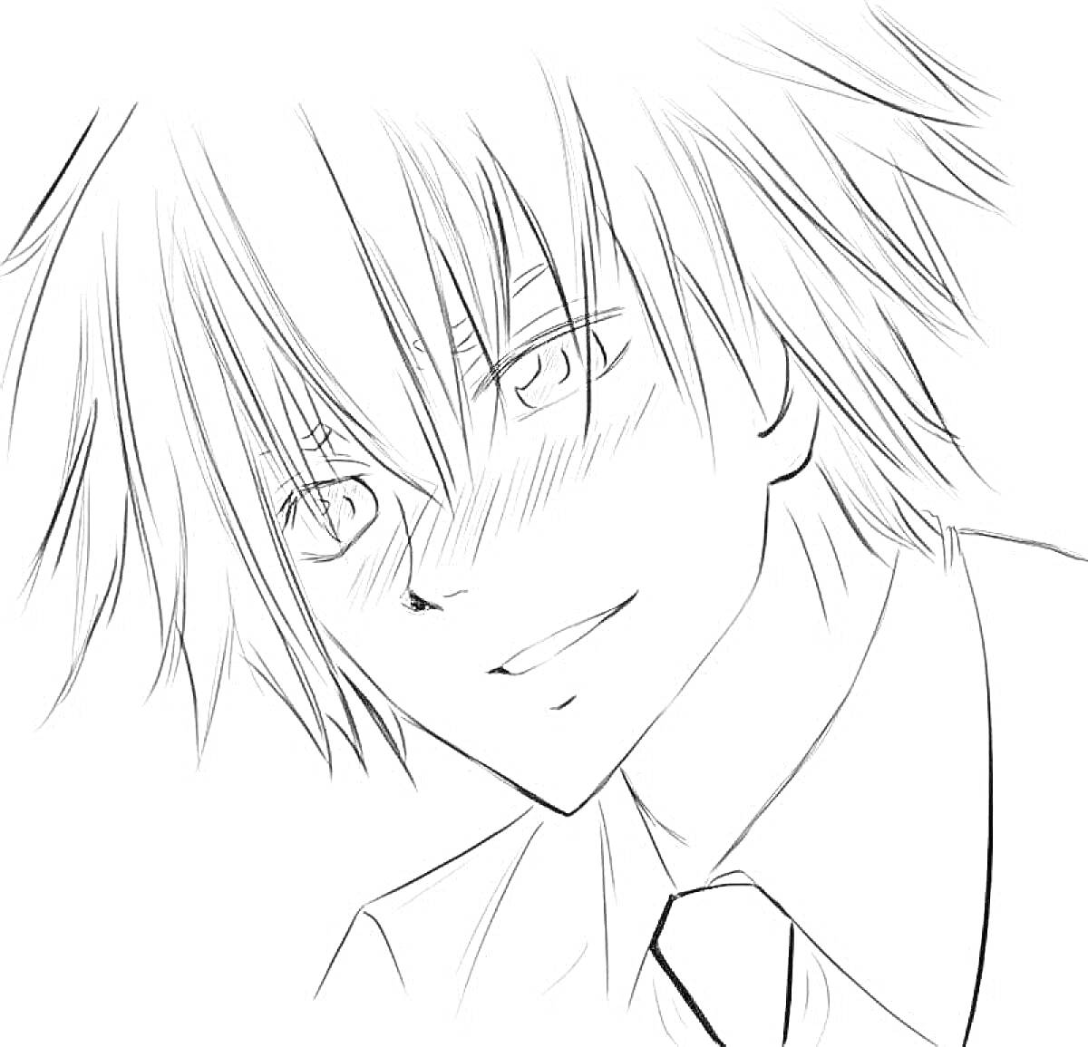 Раскраска аниме мальчик с растрёпанными волосами и в галстуке, улыбается
