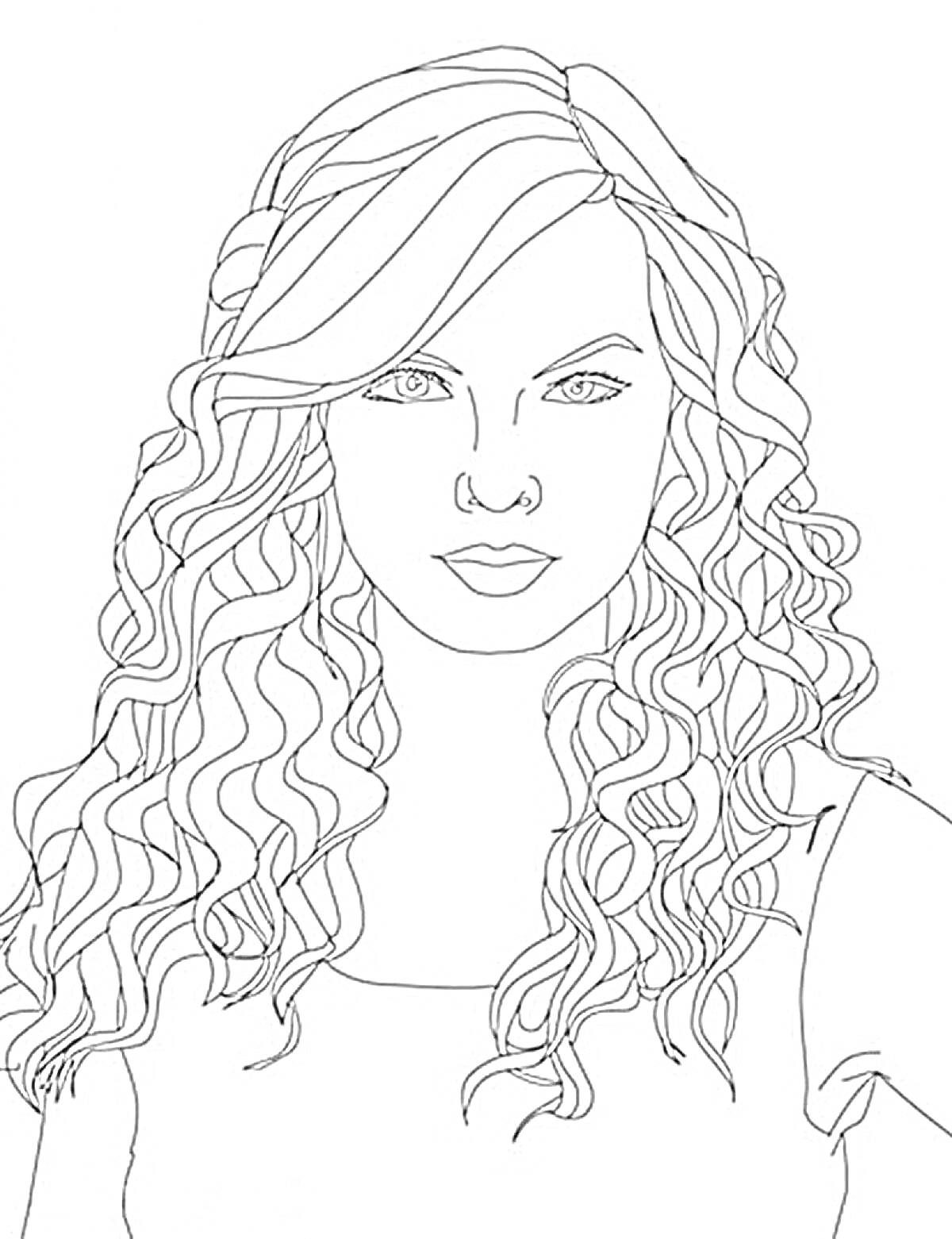 Раскраска Портрет девушки с длинными волнистыми волосами и челкой