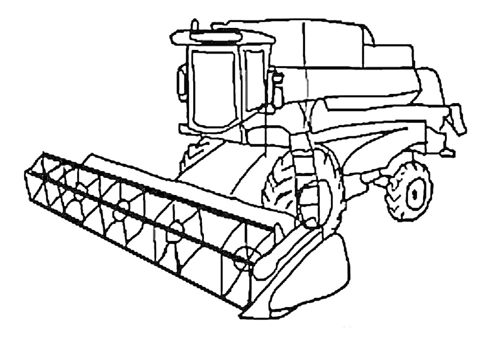 Раскраска Комбайн с жниваркой, колесами, кабиной и кузовом
