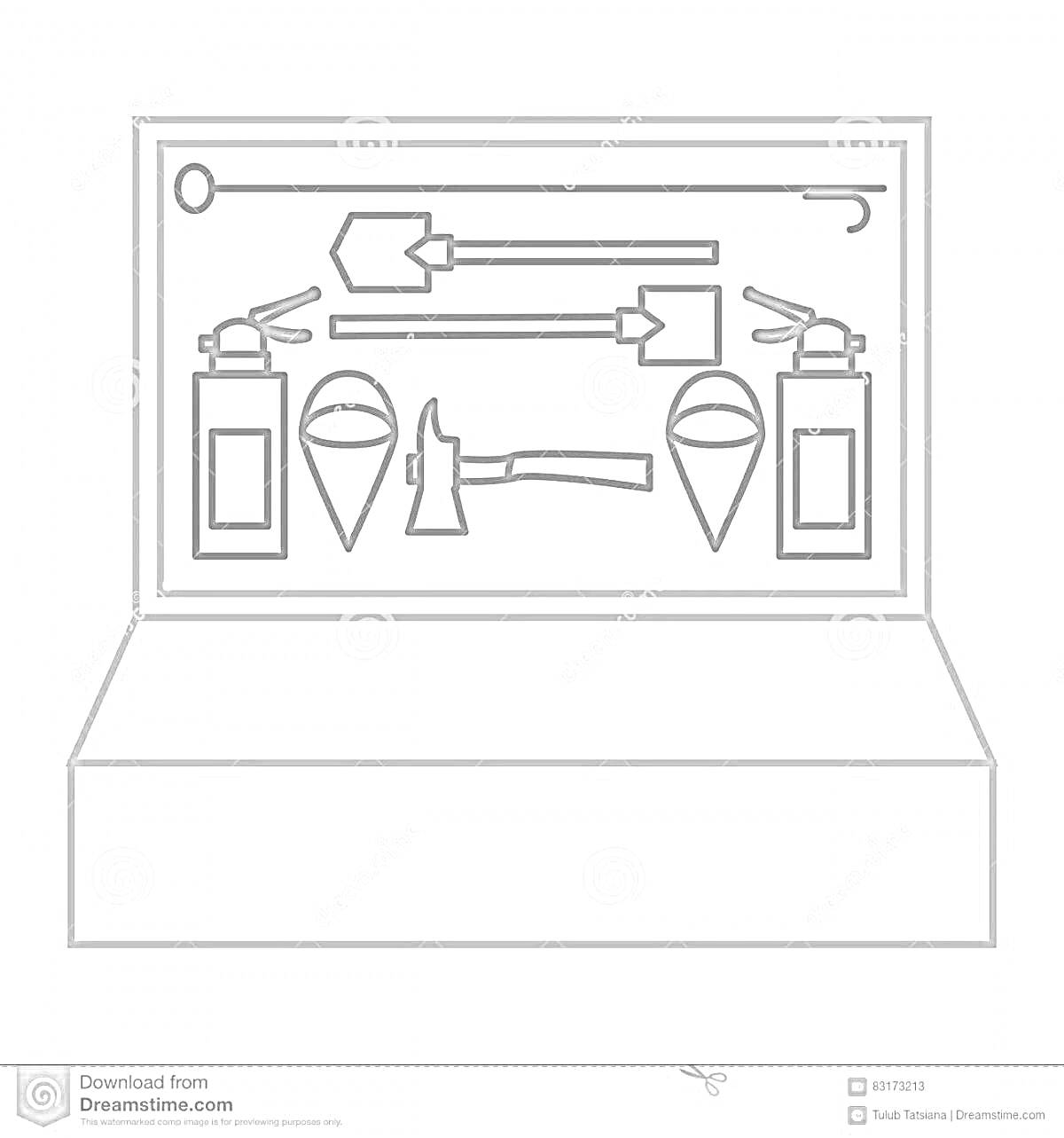Пожарный щит с огнетушителями, касками, ломом, лопатами и топором для детей