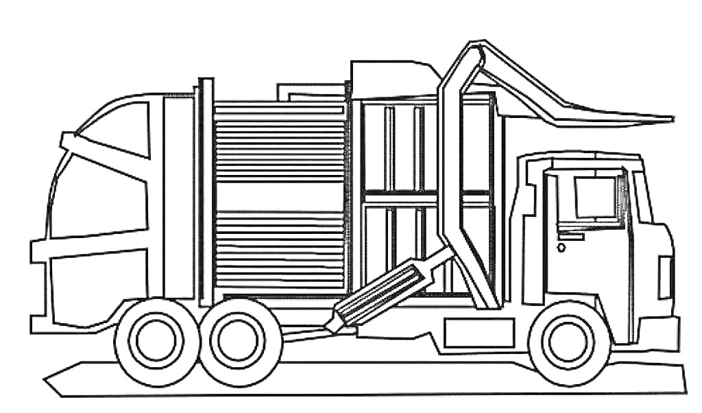 Раскраска Мусоровоз с боковым погрузчиком, четыре колеса, кабина водителя, корпус для мусора