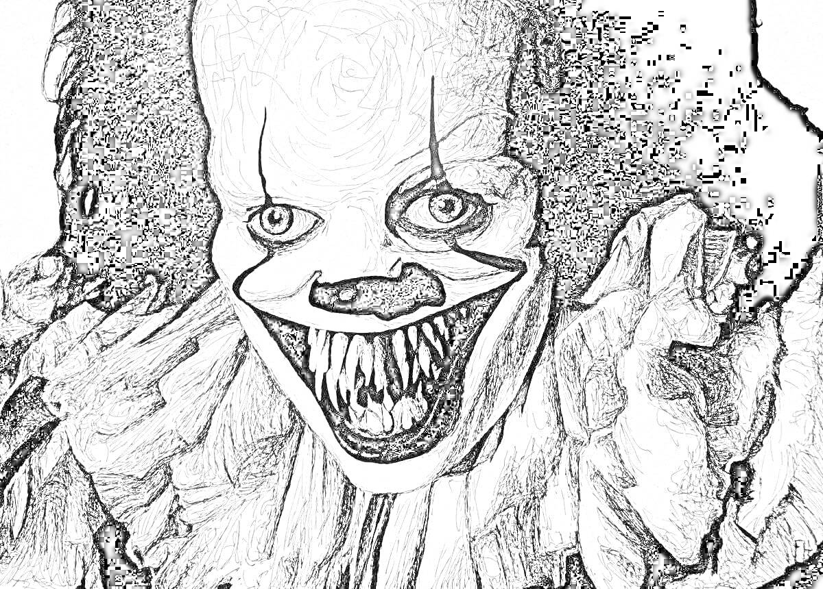 На раскраске изображено: Пугающий, Острые зубы, Грим, Хоррор, Театр, Клоуны, Страх