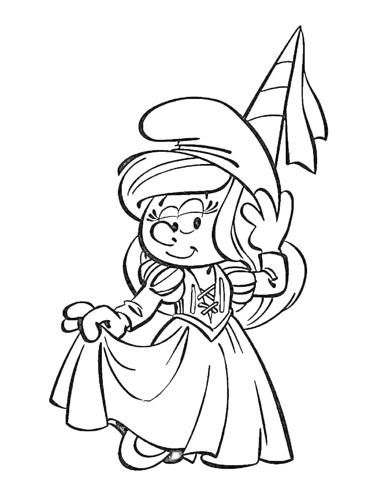 На раскраске изображено: Платье, Шляпа, Флаг