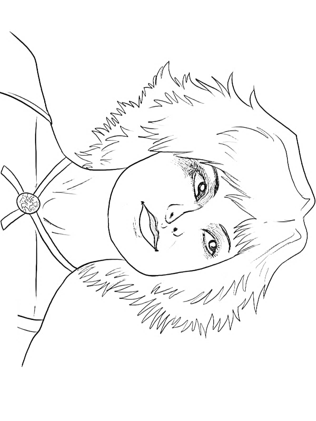 Раскраска Портрет девушки с короткими взъерошенными волосами, в платье и с кулоном на шее