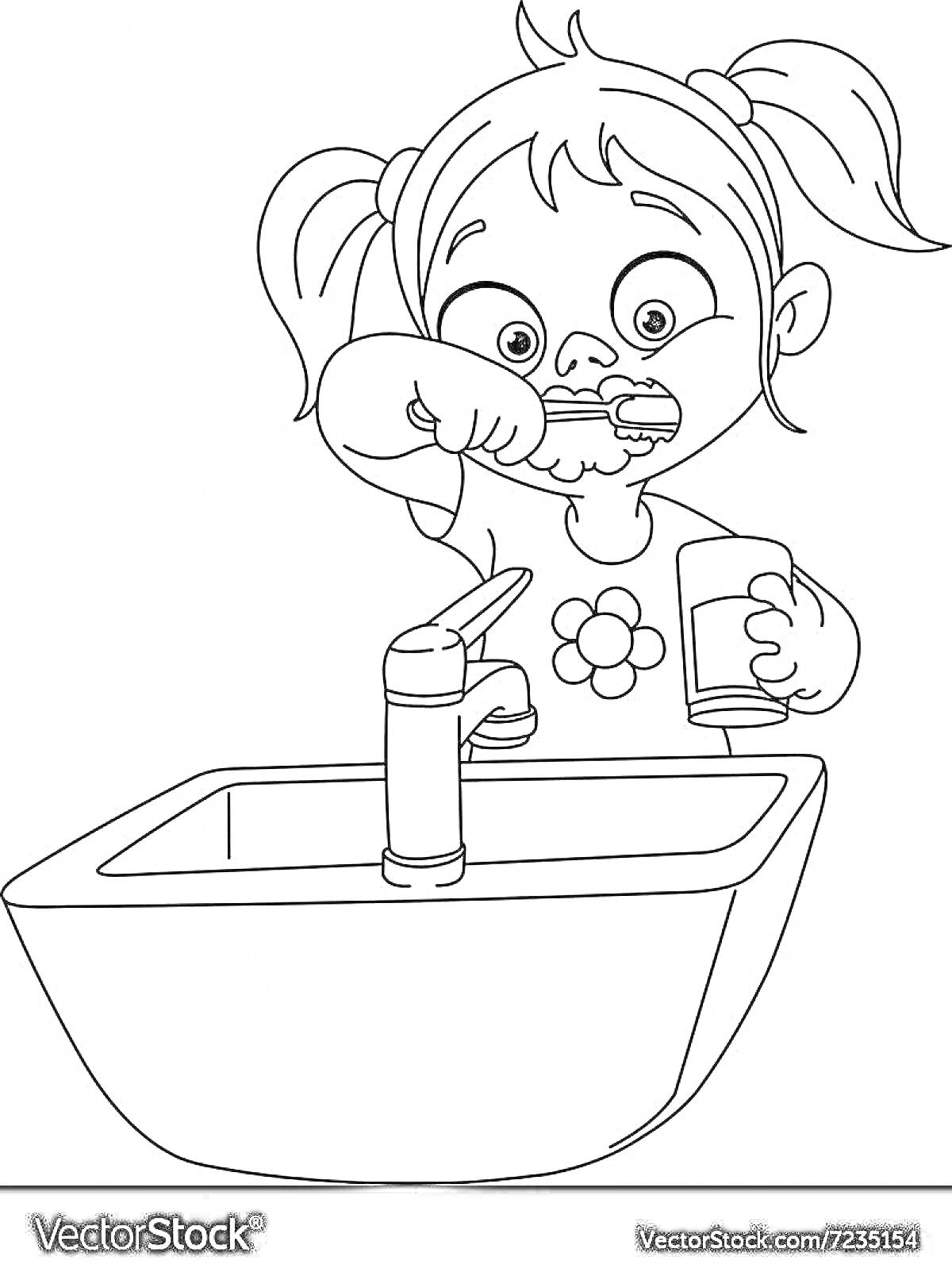На раскраске изображено: Чистить зубы, Гигиена, Раковина, Девочка, Стакан, Зубная щетка, Утро, Ванная комната