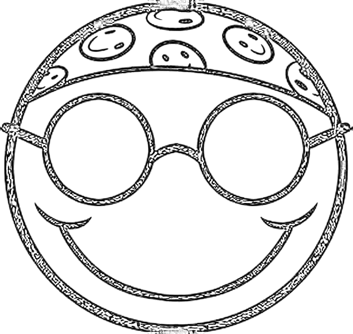 Раскраска Смайлик с очками и банданой с рисунком смайликов