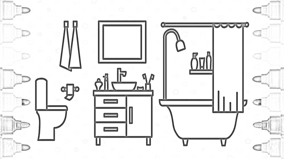 Раскраска Ванная комната с мебелью (унитаз, раковина с тумбой и туалетными принадлежностями, зеркало, вешалка для полотенец, ванна с душем и занавеской)