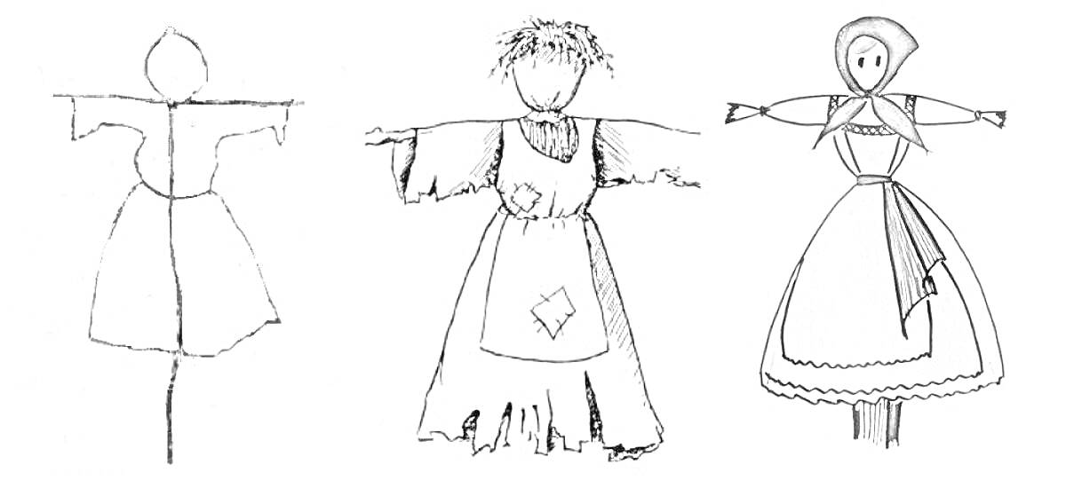 Этапы создания чучела масленицы: каркас, основа с рубахой и фартуком, готовое чучело с платком