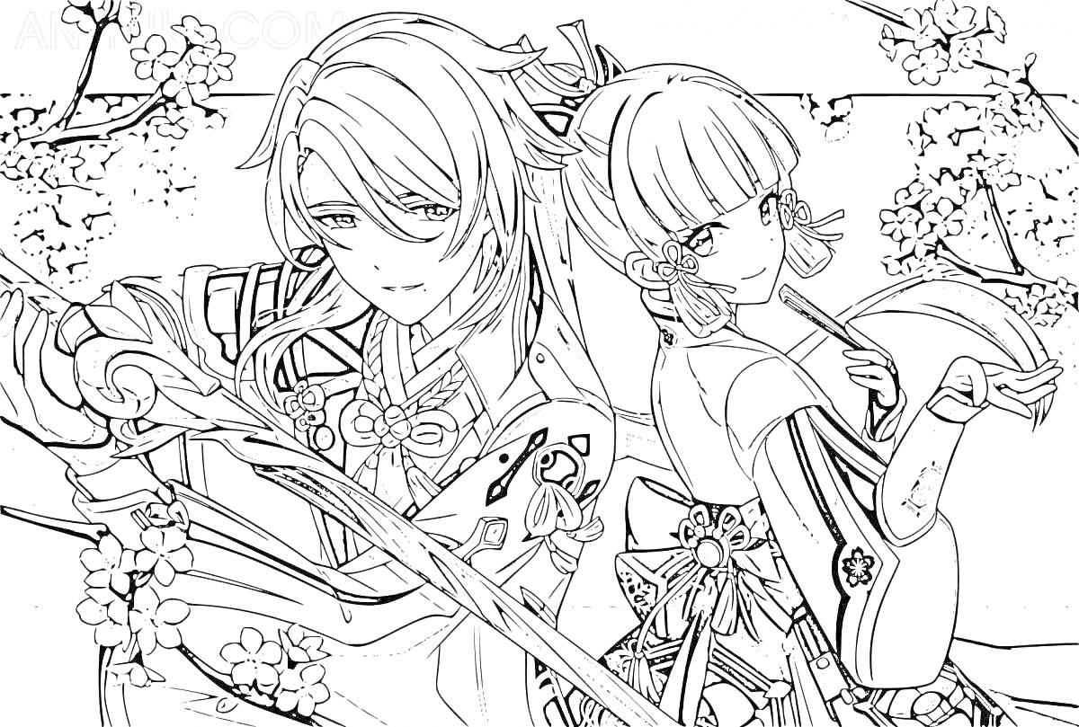 Раскраска Два персонажа со сложными прическами и традиционными нарядами на фоне цветущих веток с мечом