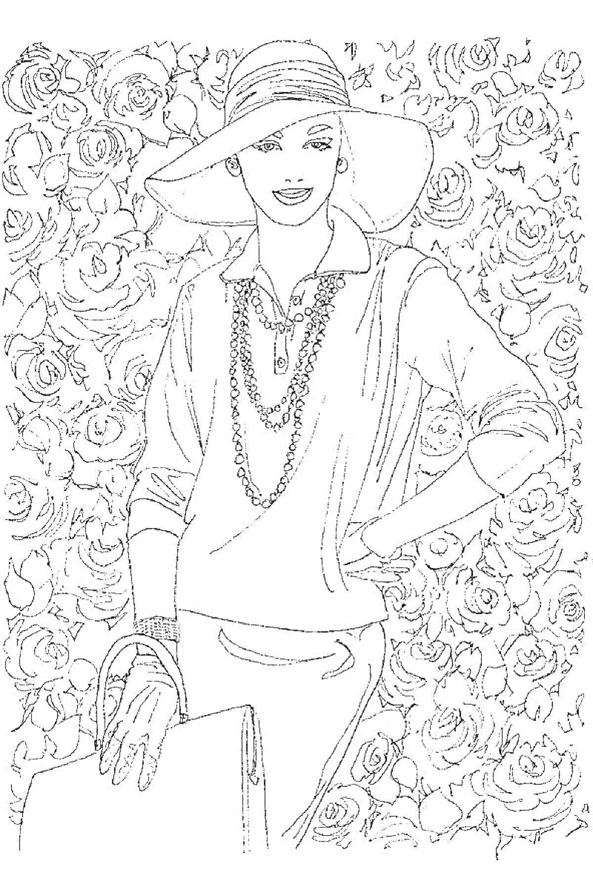 На раскраске изображено: Женщина, Шляпа, Украшения, Ожерелье, Сумка, Розы, Цветы, Мода