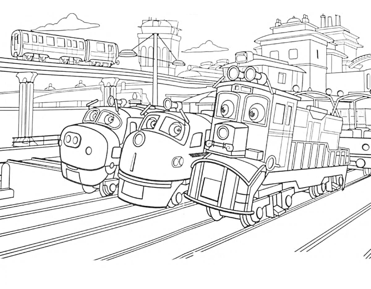 Раскраска Чаггингтон - три поезда на станции, поезд на мосту, здания на заднем плане