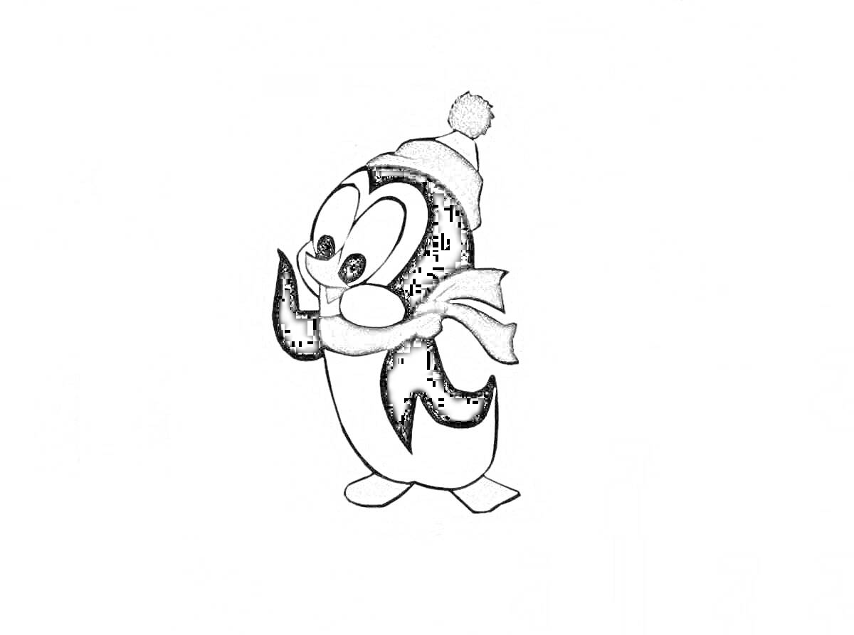 Раскраска Пингвин в зимней шапке и шарфе