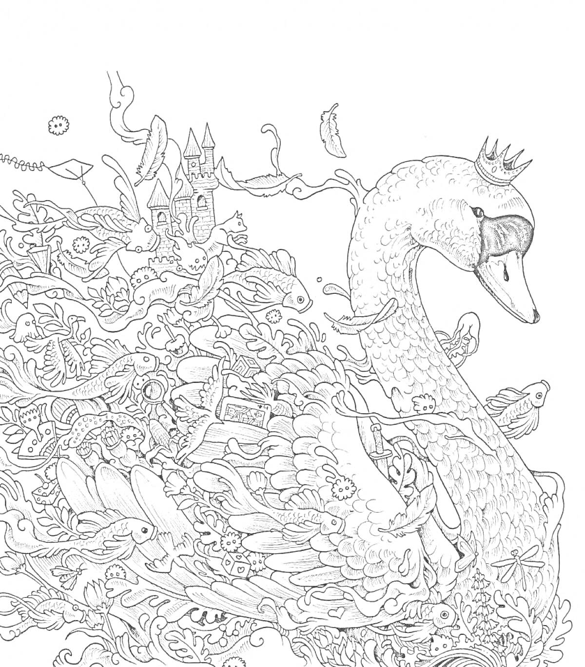 Раскраска лебедь с короной среди фантастических существ и замка