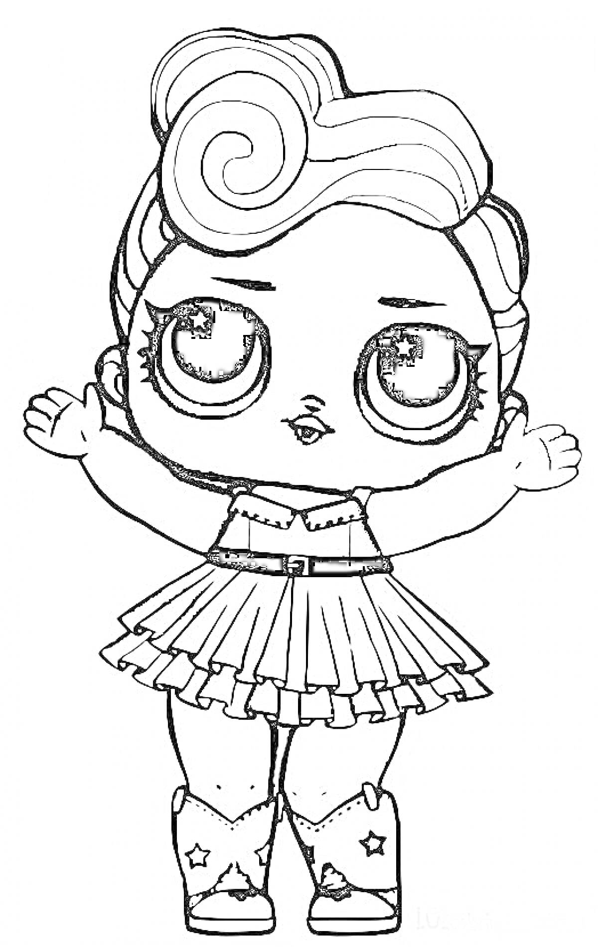 Раскраска Кукла Лол с большими глазами в пышной юбке и сапогах, с завитком волос