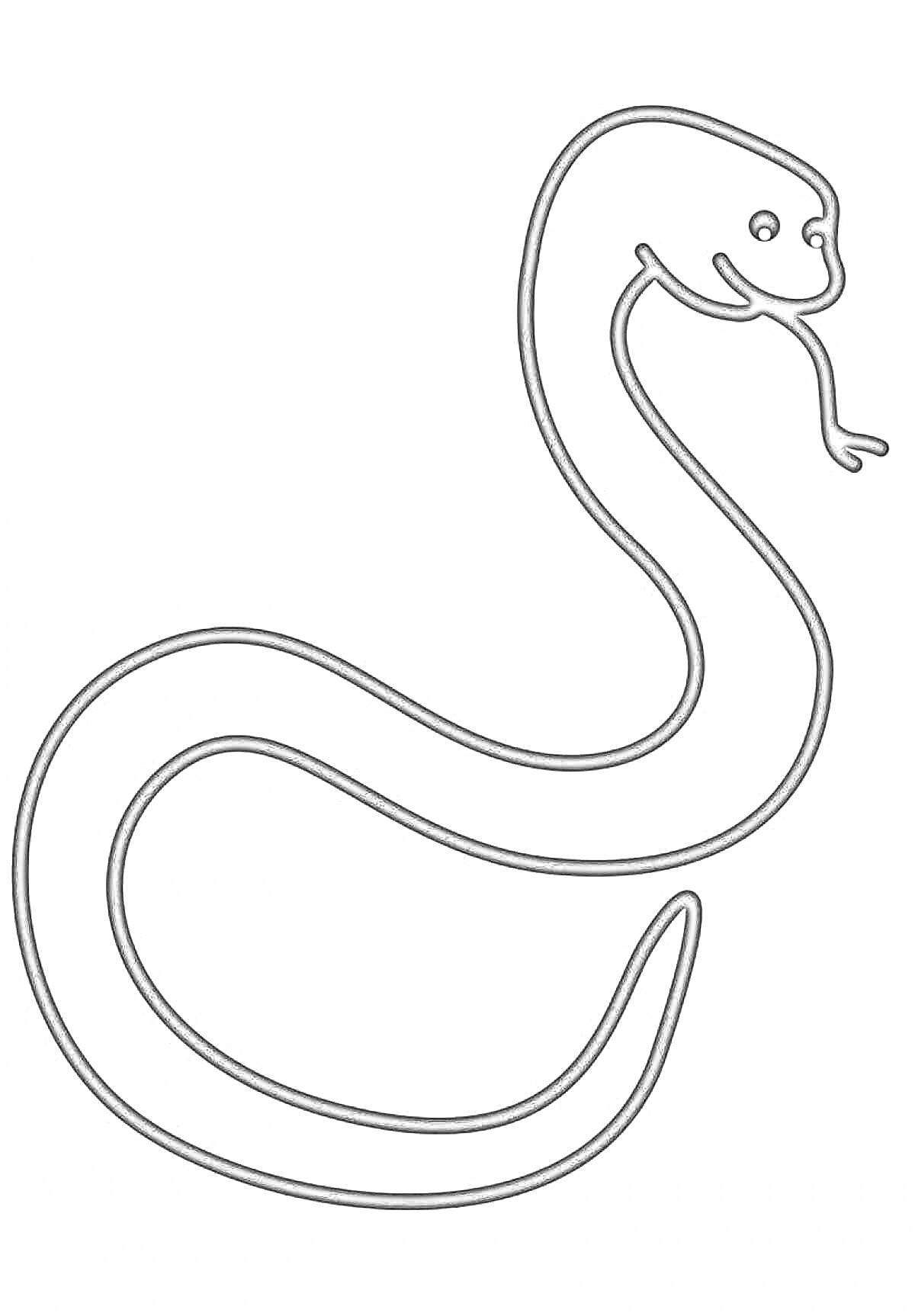 На раскраске изображено: Змея, Контур, Улыбающееся лицо, Высунутый язык, Для детей, Животное