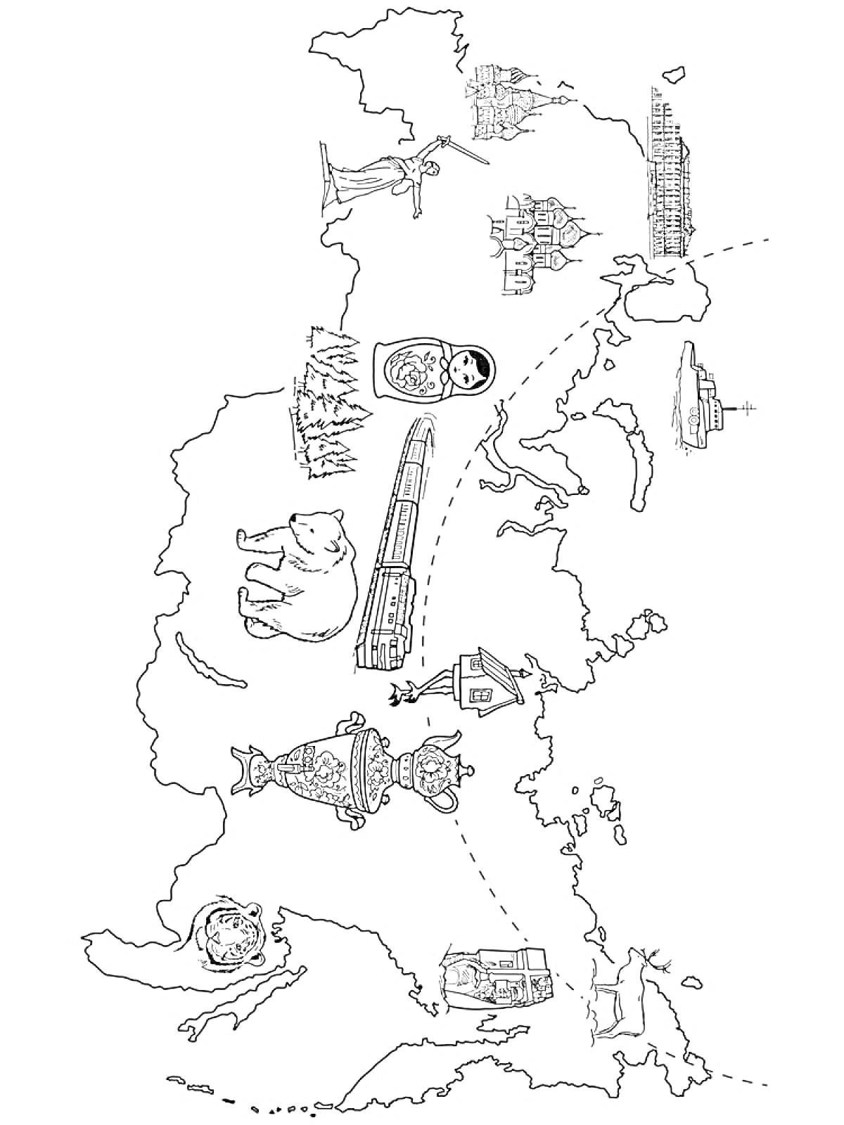 Раскраска Карта мира с достопримечательностями России, включая Кремль, Эрмитаж, Храм Василия Блаженного, Матрёшку, Транссибирскую магистраль, Кремлевскую часовню, Самовар, Кремль в Казани, Корабль в Санкт-Петербурге, Полярного медведя и Сибирь