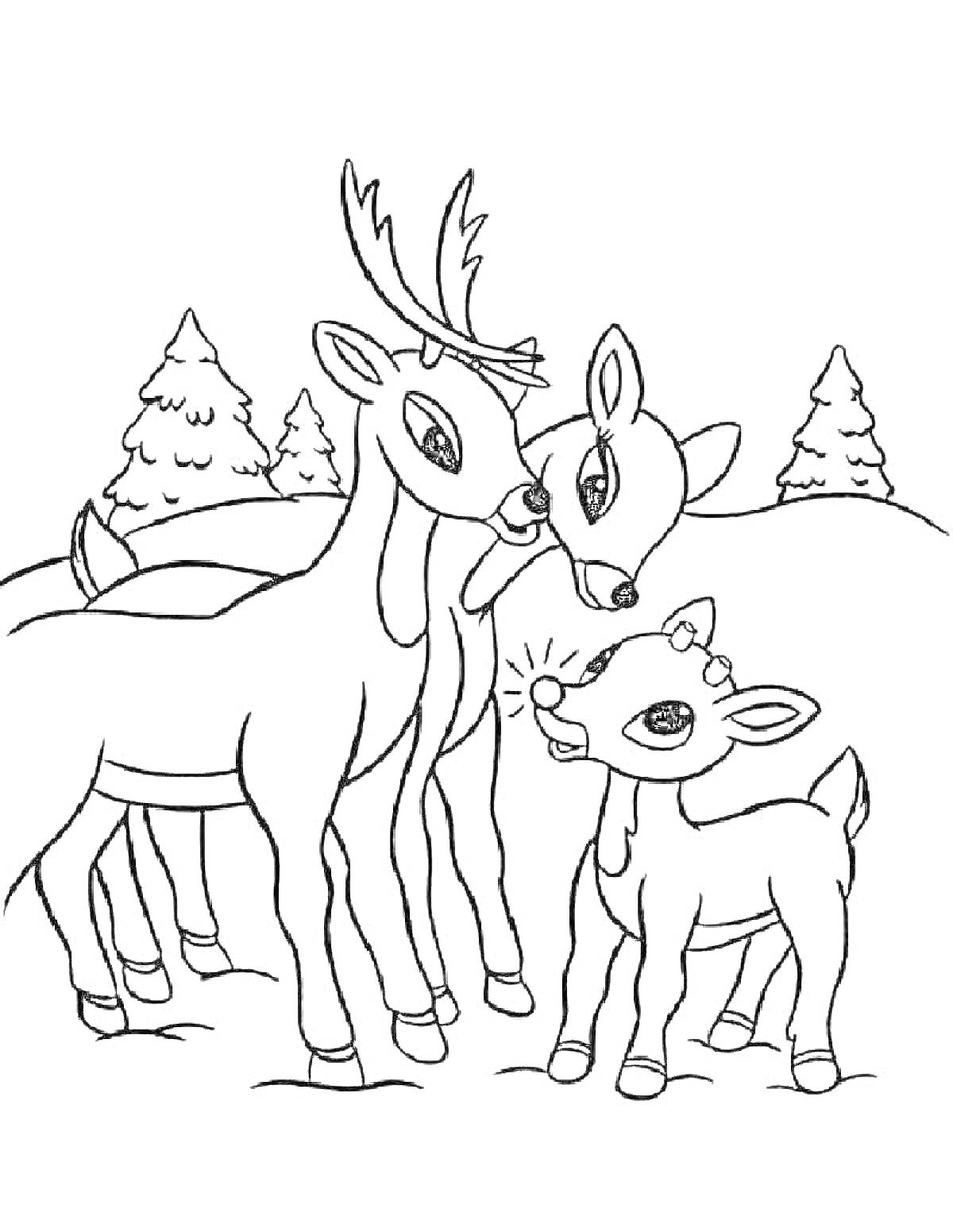 Раскраска Семья оленей на фоне зимнего леса с елями