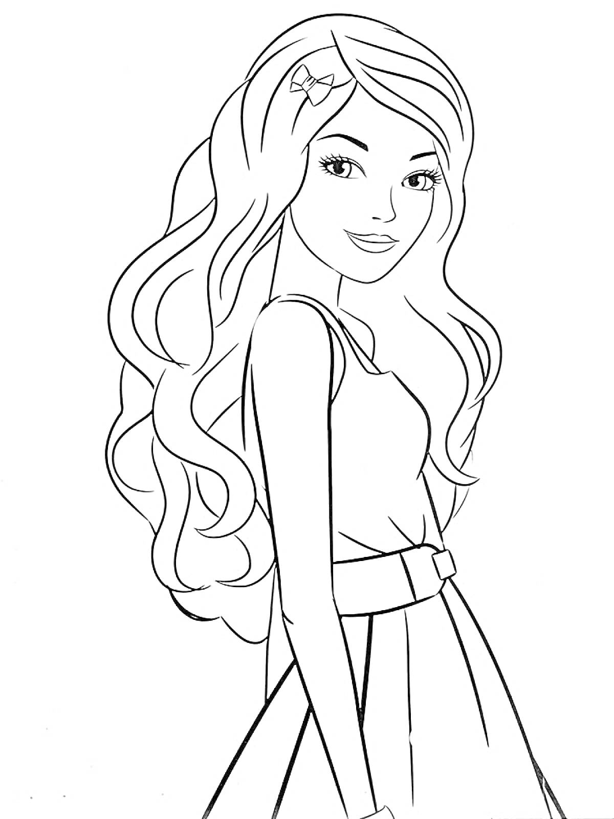 Раскраска Девушка с длинными волнистыми волосами, лентой и в платье