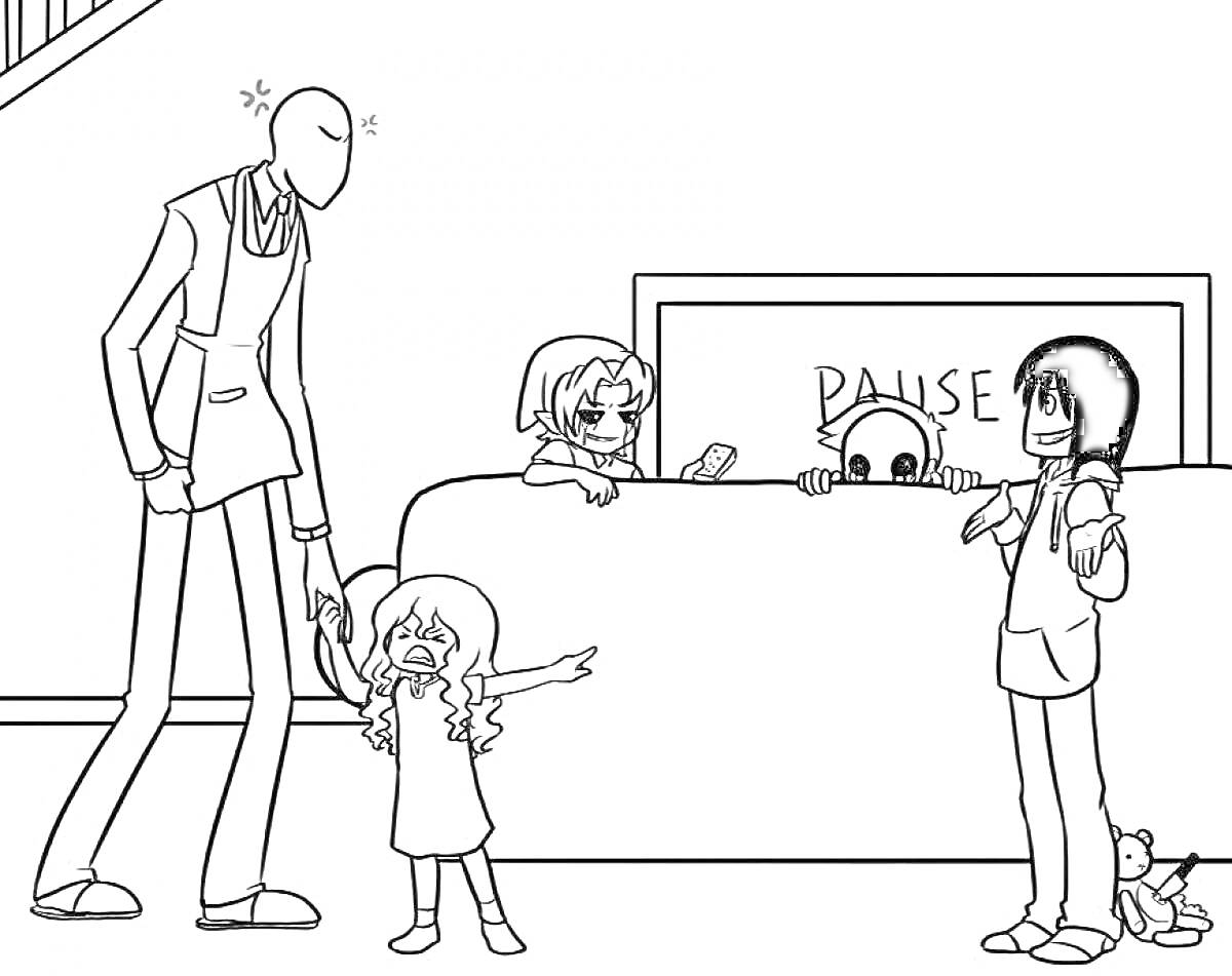 Крипипаста персонажи в гостиной - высокий человек в костюме, два ребенка, девушка, мальчик с надписью PAUSE на фоне, игрушечный мишка на полу
