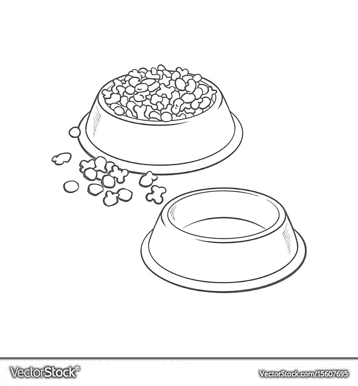 Раскраска Две миски для собак, одна с кормом, другая пустая, рассыпанные гранулы корма