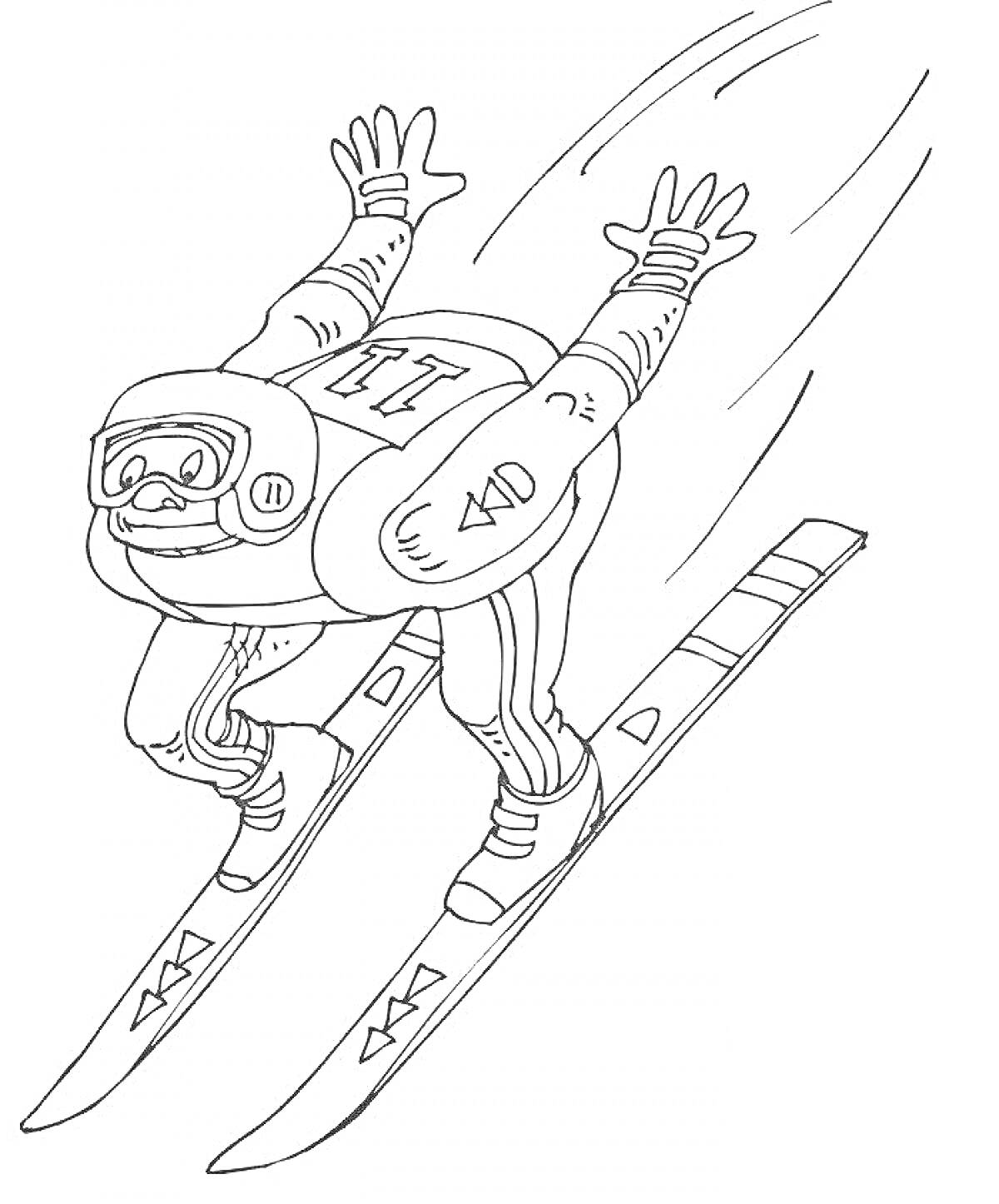 На раскраске изображено: Зимние виды спорта, Лыжник, Перчатки, Очки, Лыжи, Шлемы