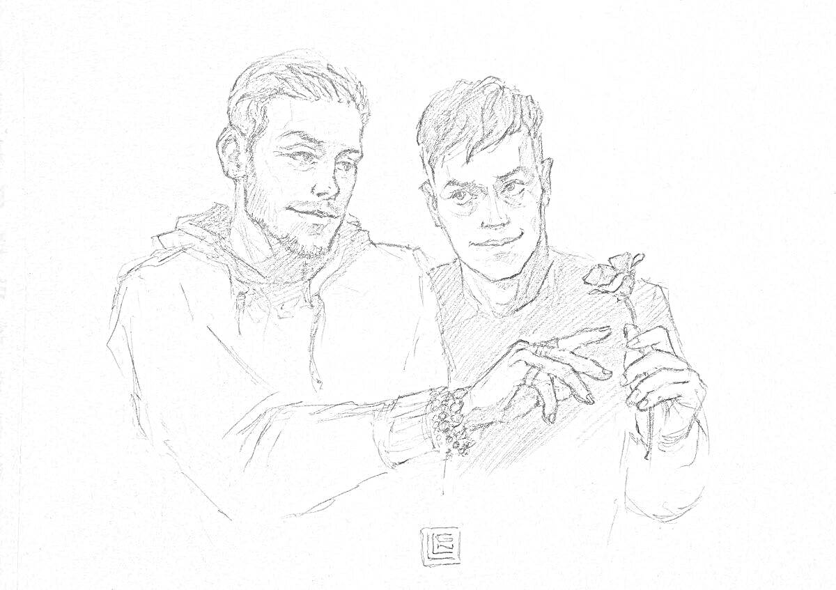 Раскраска Два человека, с розой в руках, сидящие рядом