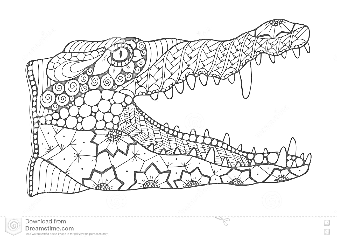 Раскраска Антистресс раскраска с узорами на голове и челюсти крокодила, включающая цветочные мотивы, листья и абстрактные узоры