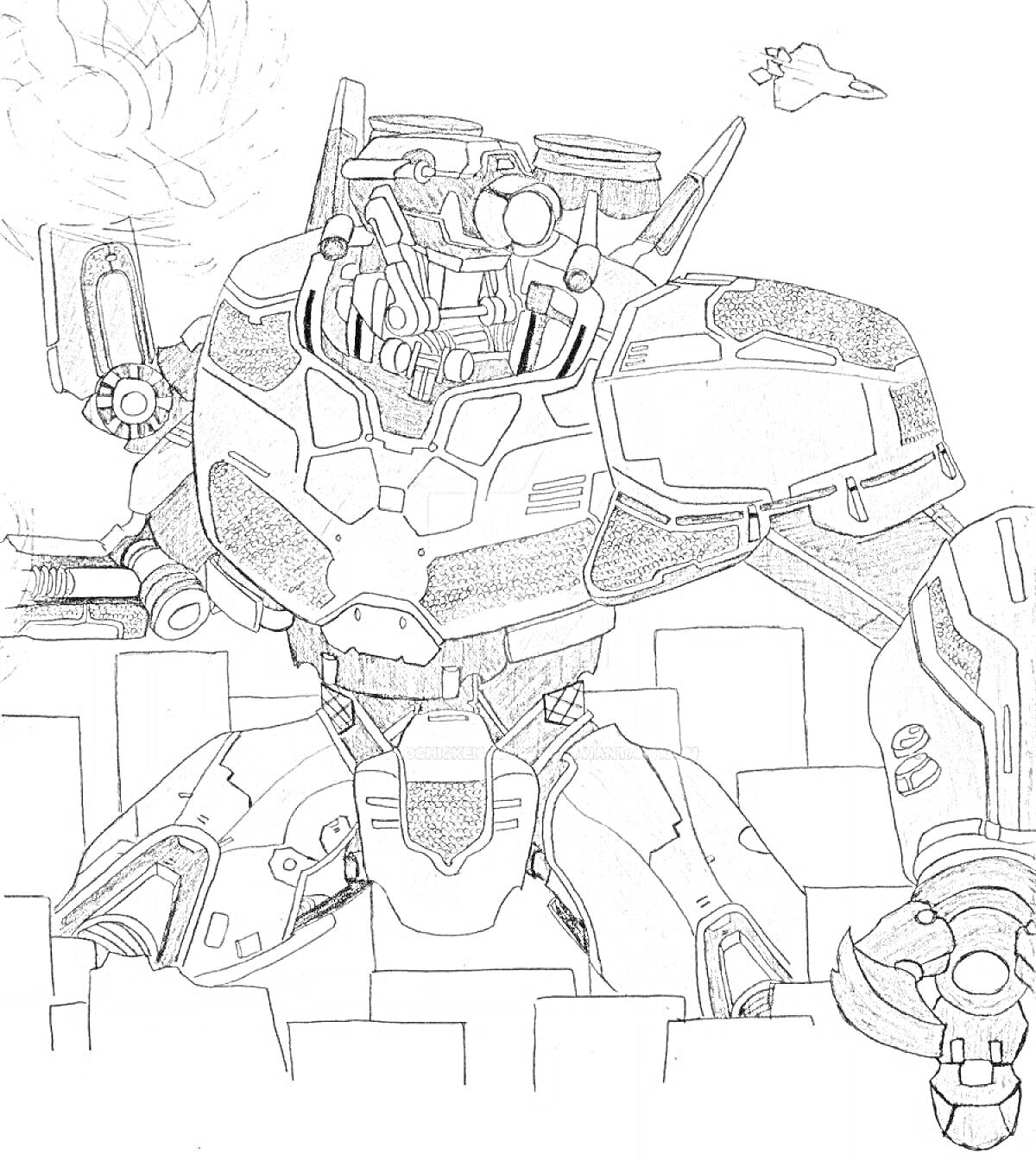 На раскраске изображено: Робот, Боевой робот, Разрушения, Битва, Вооружение