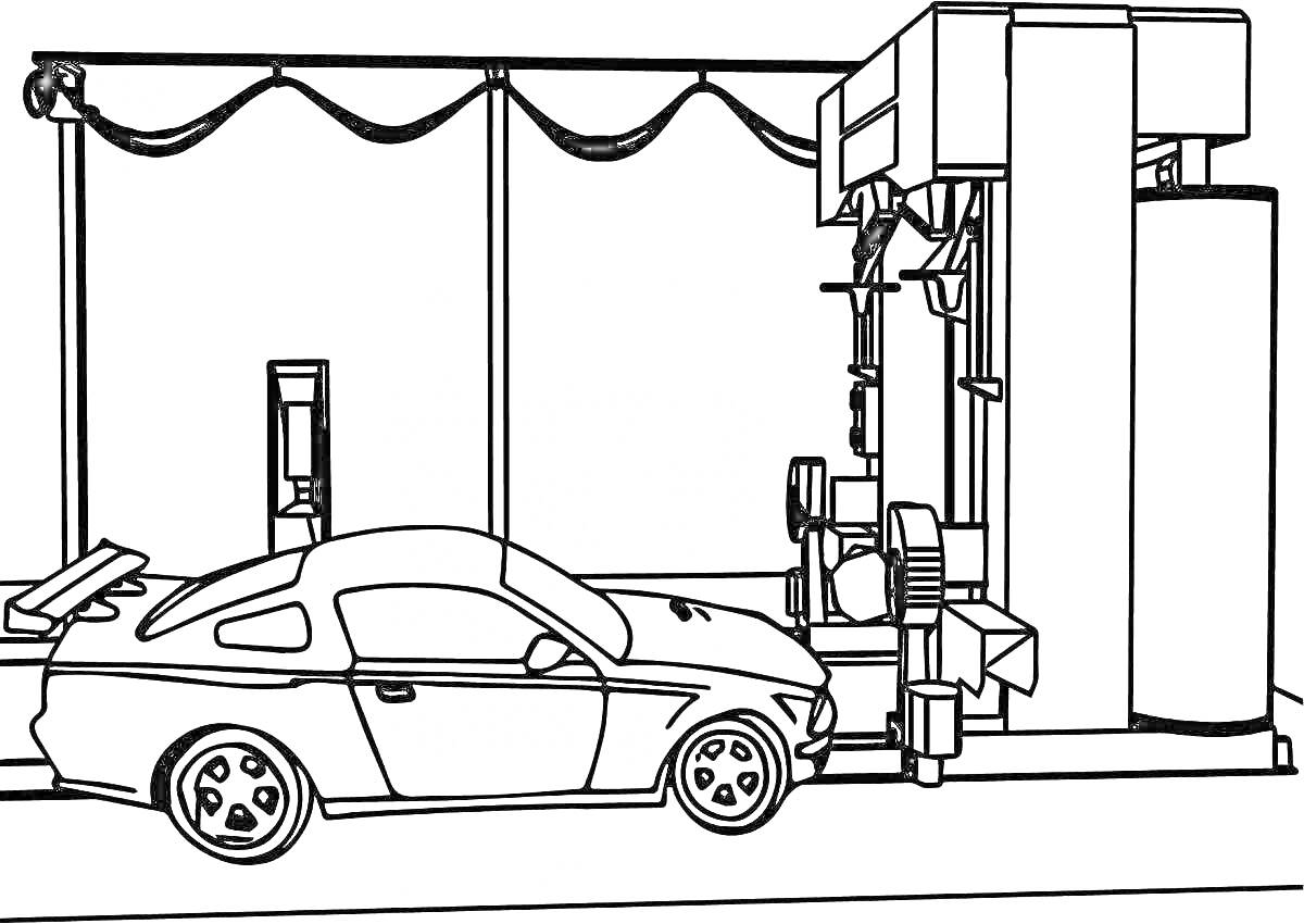 Раскраска Гараж с автомобилем на подъемнике, заправочной колонкой и инструментами