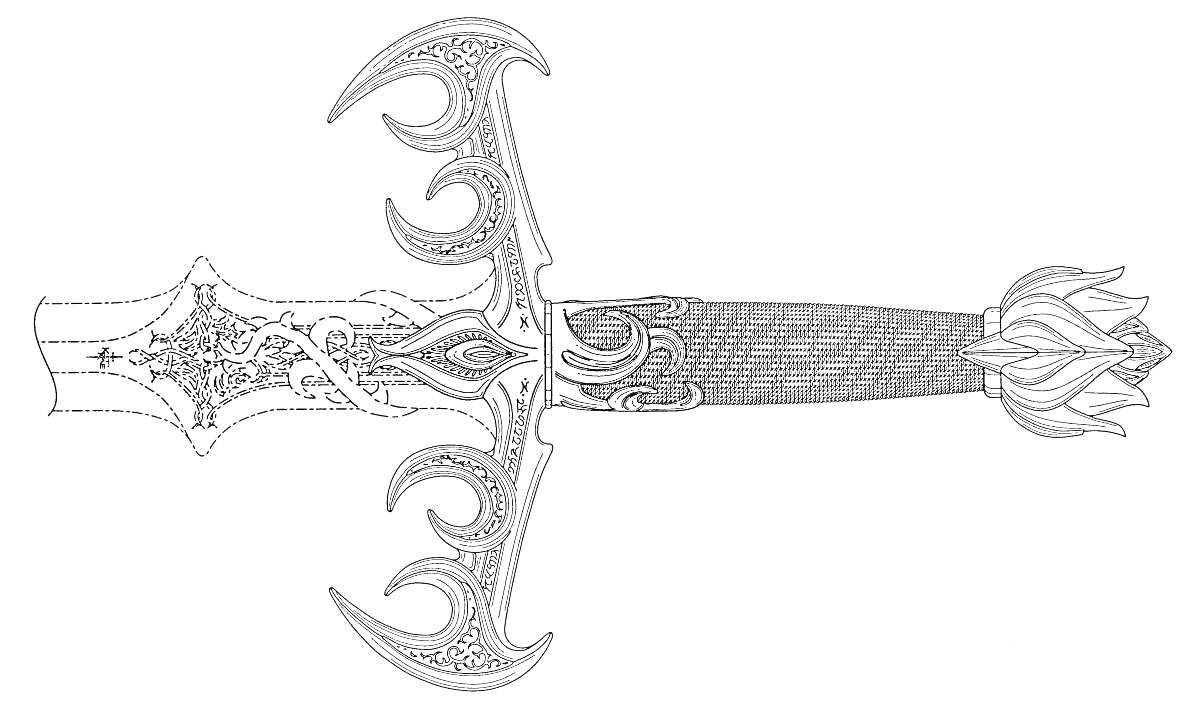 Раскраска Меч Кладенец с украшенной рукоятью и сложным узором на клинке и гарди
