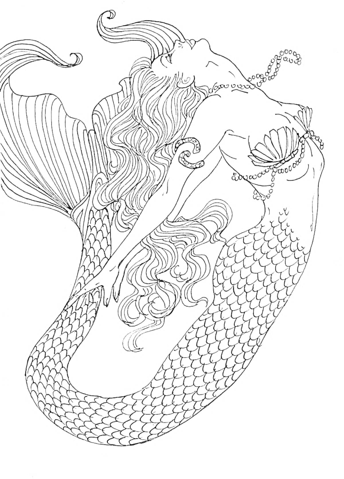 Раскраска Русалка с длинными волосами и чешуйчатым хвостом