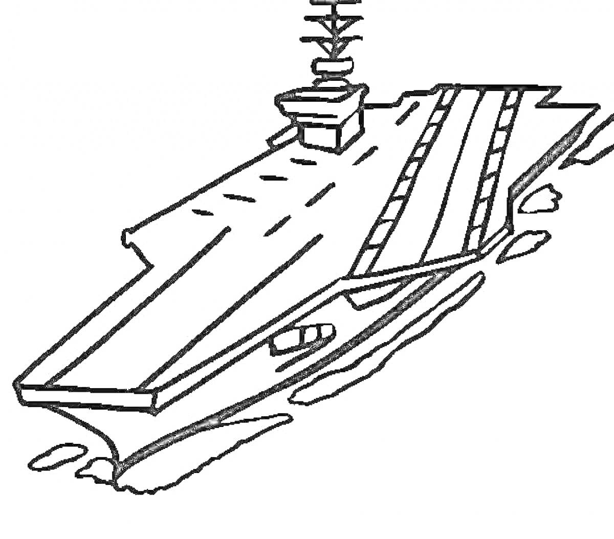 На раскраске изображено: Авианосец, Корабль, Море, Военный корабль, Палуба, Вода, Морской транспорт
