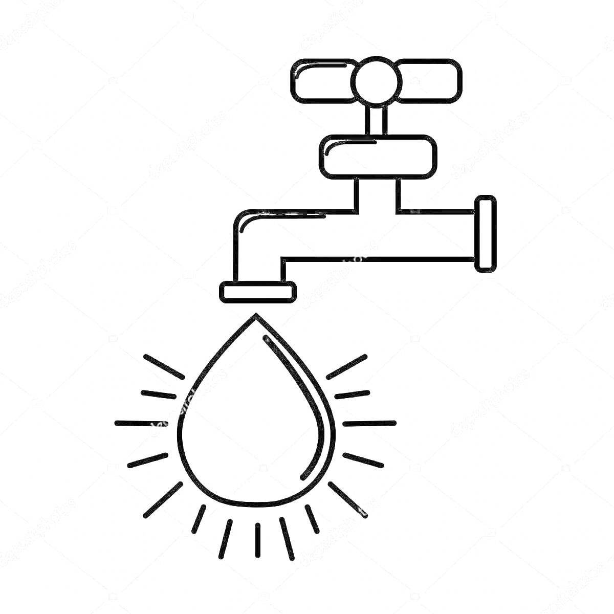 Раскраска кран с водой, капля воды, лучи вокруг капли