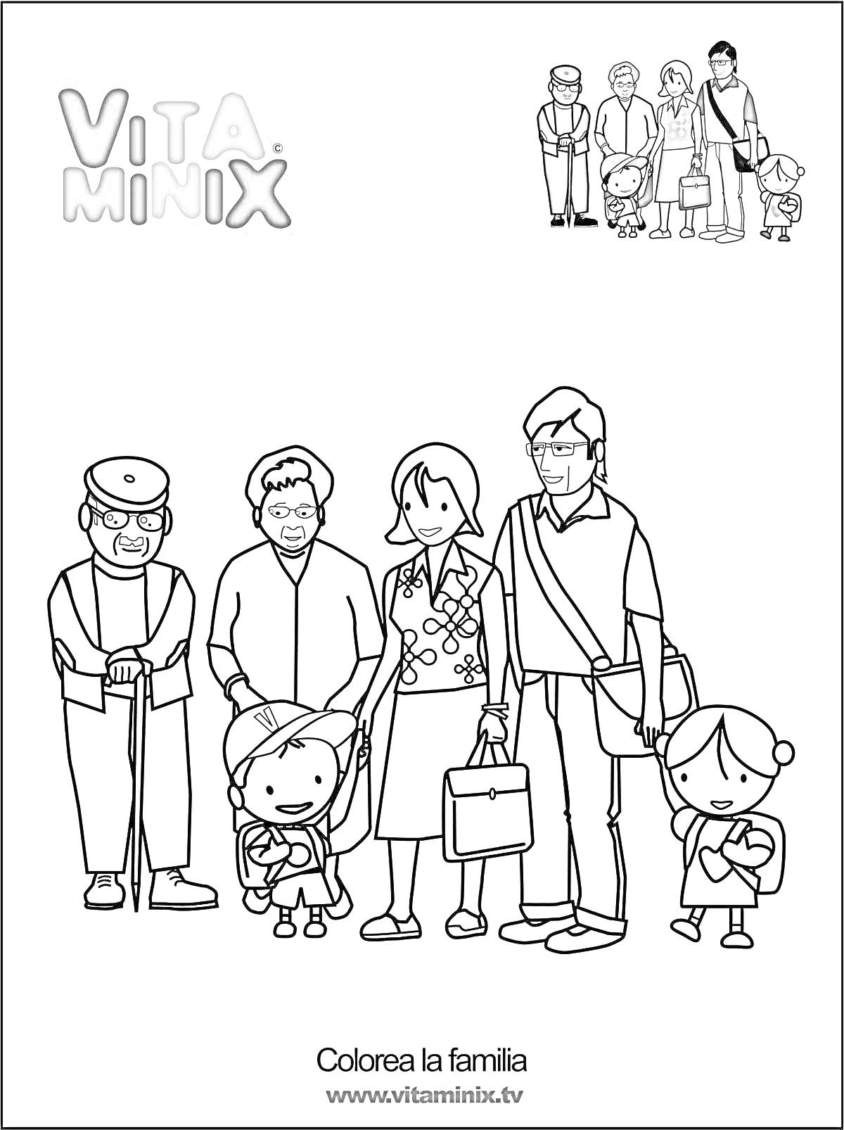 Раскраска Семья с ребенком, бабушкой, дедушкой, мамой и папой, с багажом