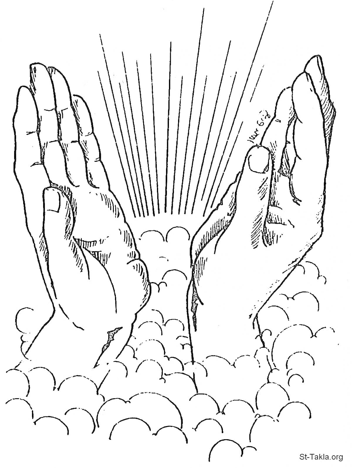 На раскраске изображено: Руки, Молитва, Облака, Лучи света, Религия