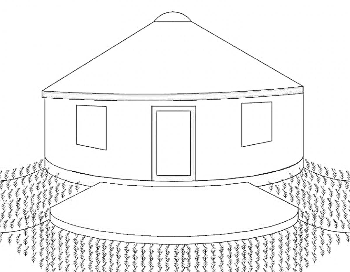 Раскраска Юрта с дверью, двумя окнами и ковриком перед входом