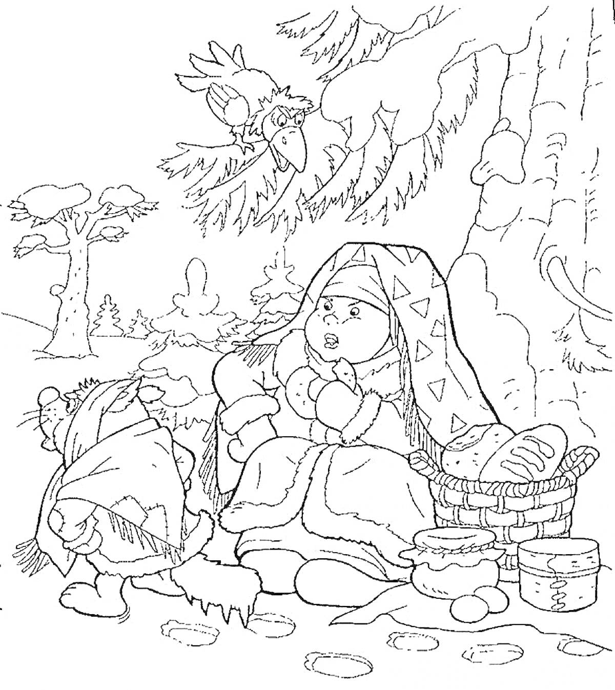 На раскраске изображено: Морозко, Зима, Лес, Бабушка, Подарки, Корзина, Животные, Деревья