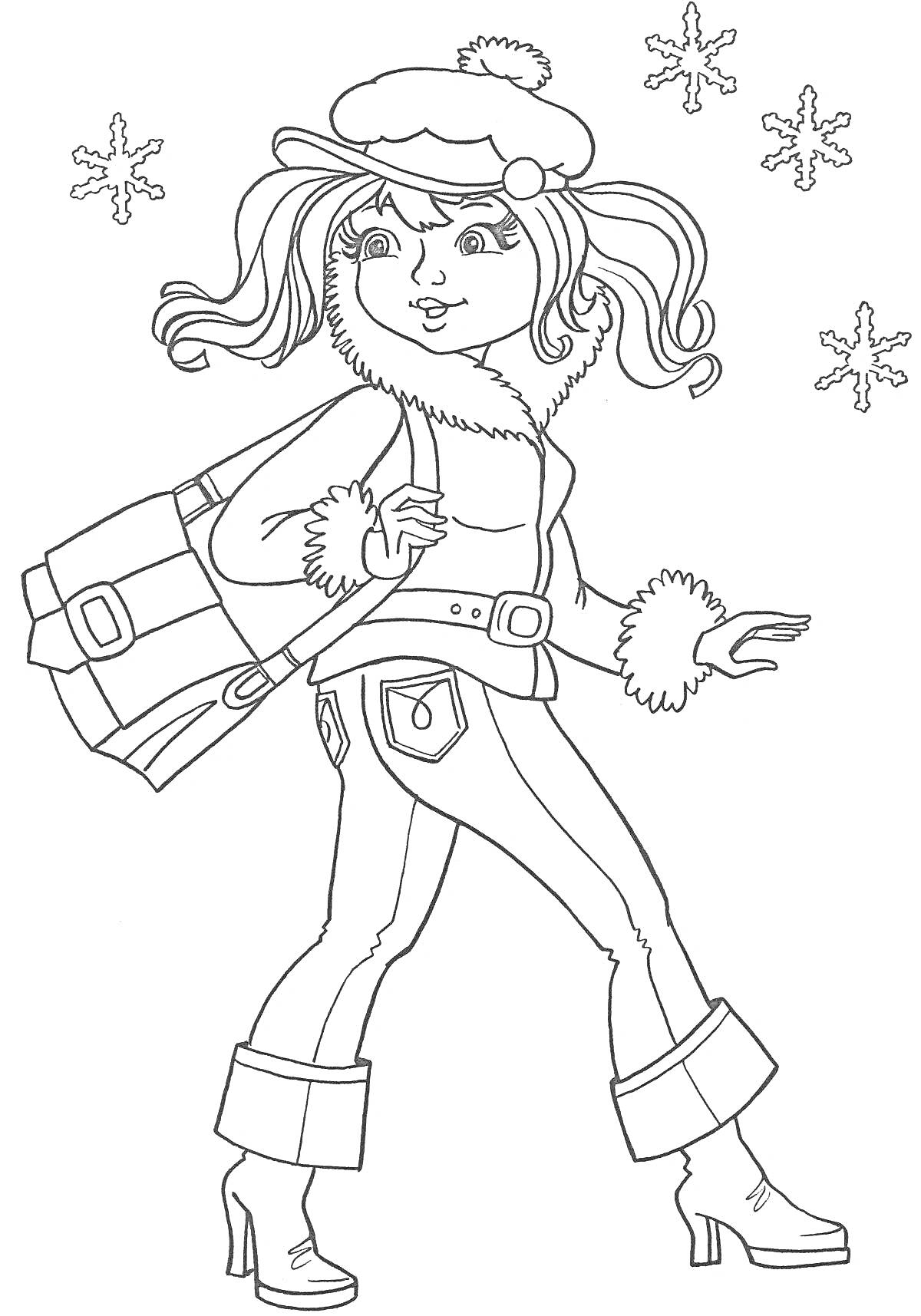 На раскраске изображено: Девочка, Прогулка, Зима, Снег, Снежинки, Куртка, Сапоги, Сумка, Шапка