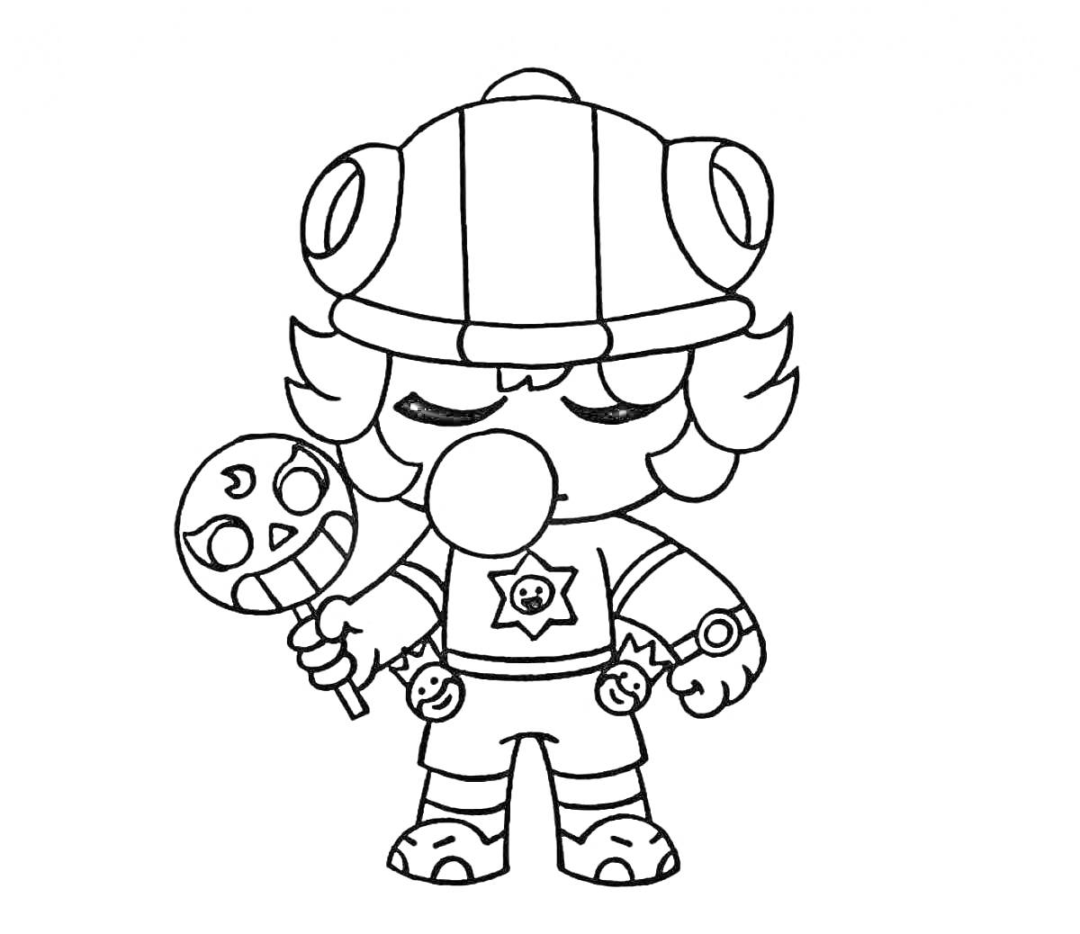 Раскраска Герой с леденцом, одетый в шлем с ушами, с пузырем из жвачки и звездой на груди