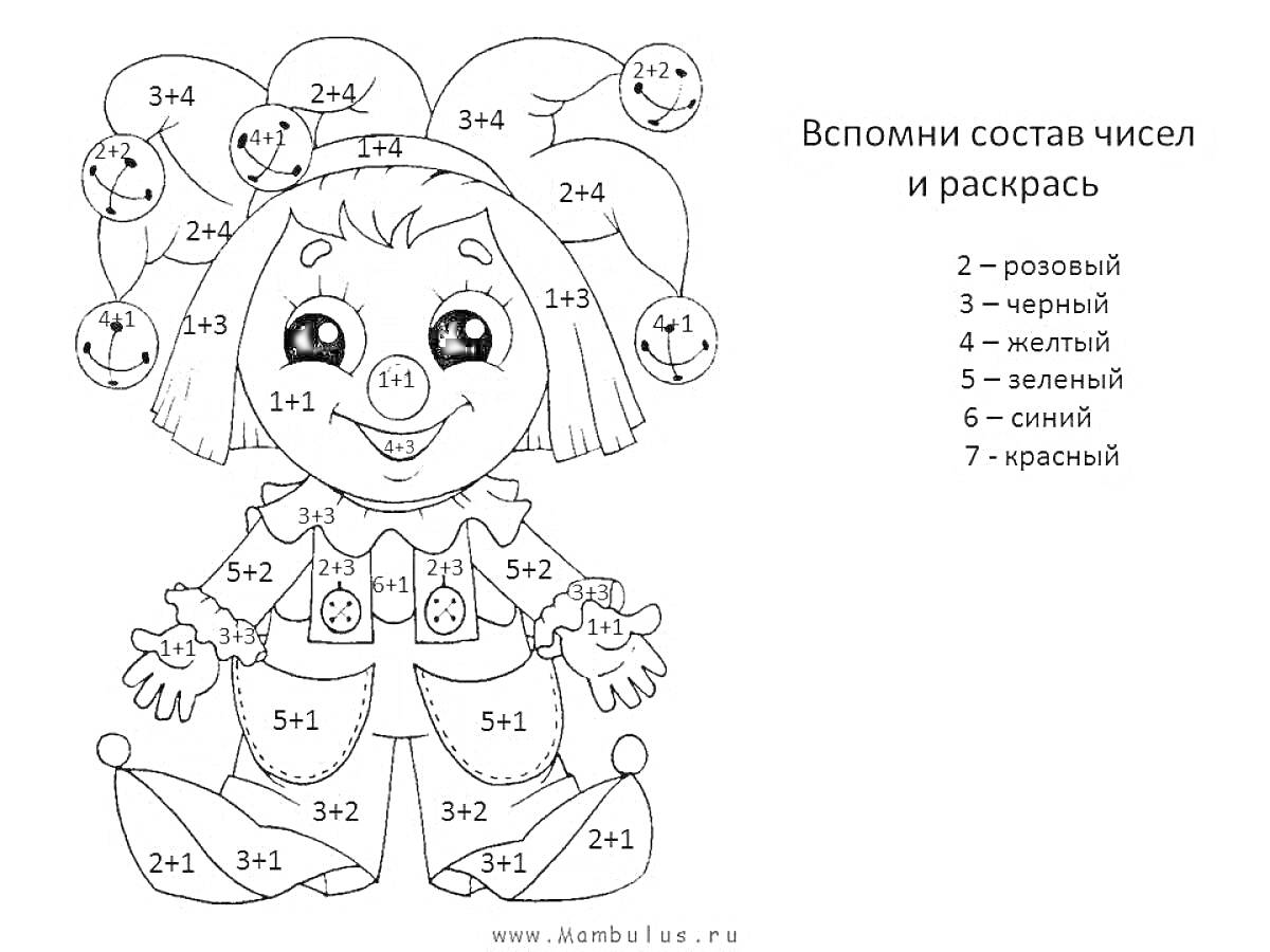 Клоун с шариками и одеждой с примерами, раскраска по составу чисел