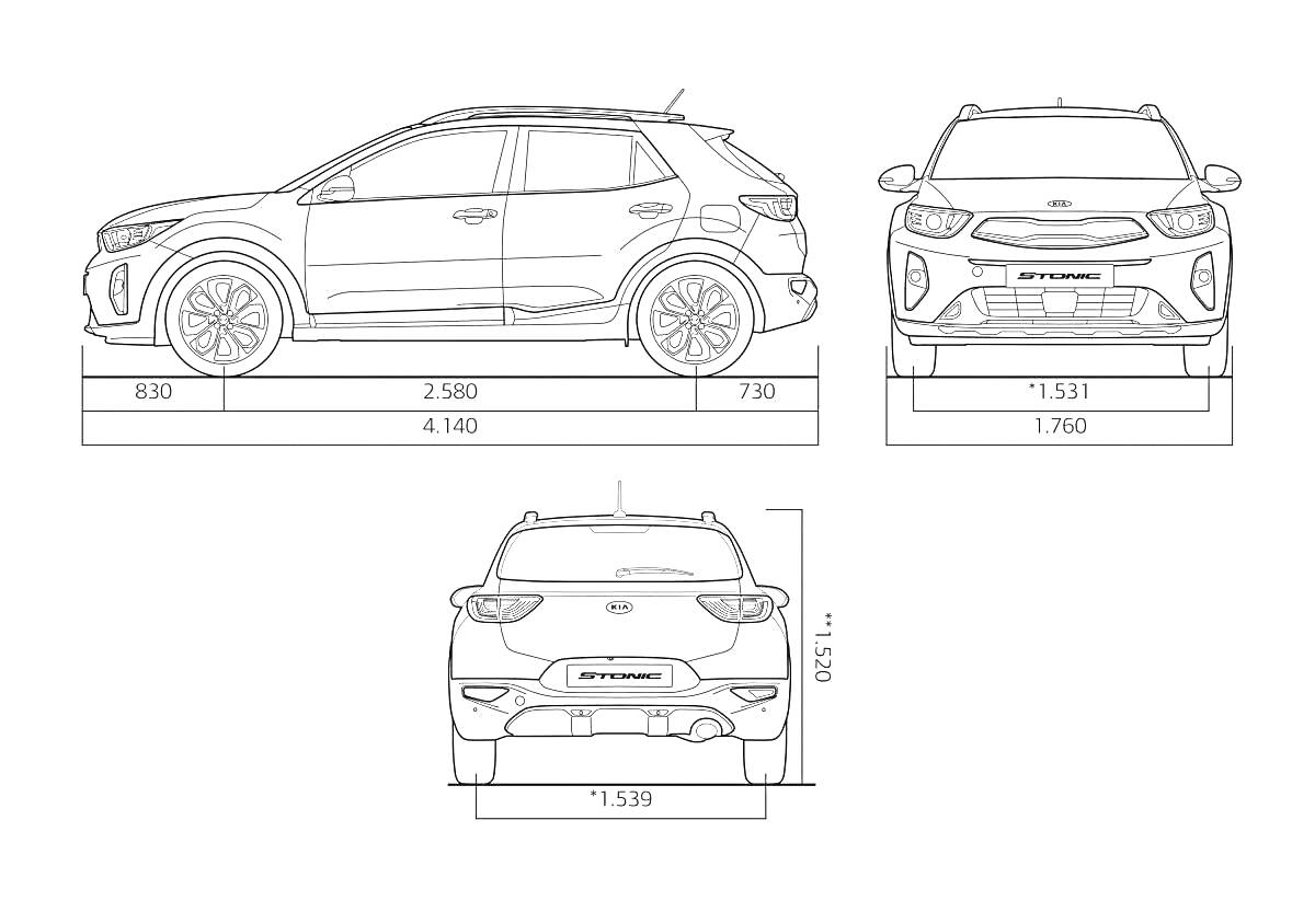 Раскраска Чертеж автомобиля Kia Ceed с размерами и видами спереди, сбоку и сзади