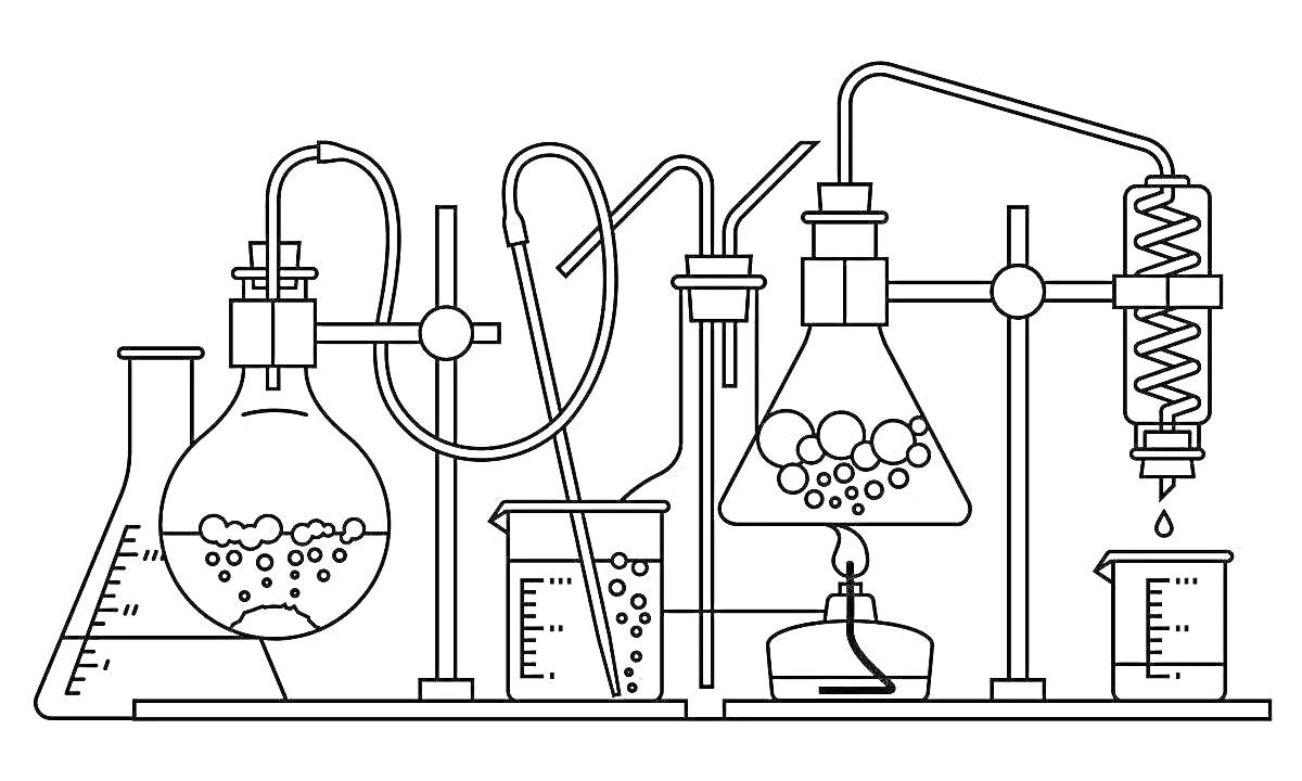 На раскраске изображено: Лаборатория, Химия, Пробирки, Лабораторное оборудование, Трубка, Колба
