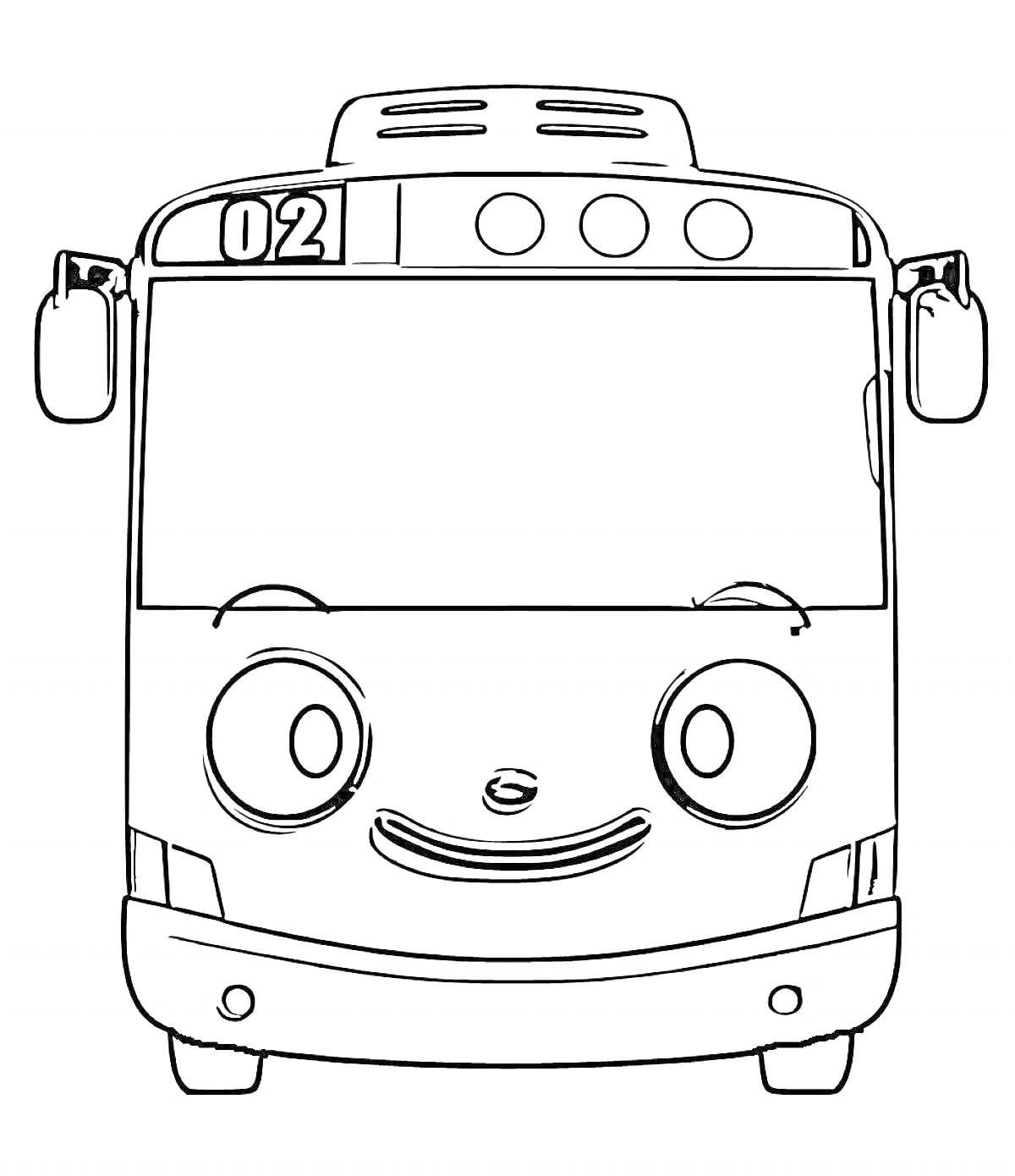 На раскраске изображено: Тайо, Автобус, Номер 02, Глаза, Улыбка, Для детей