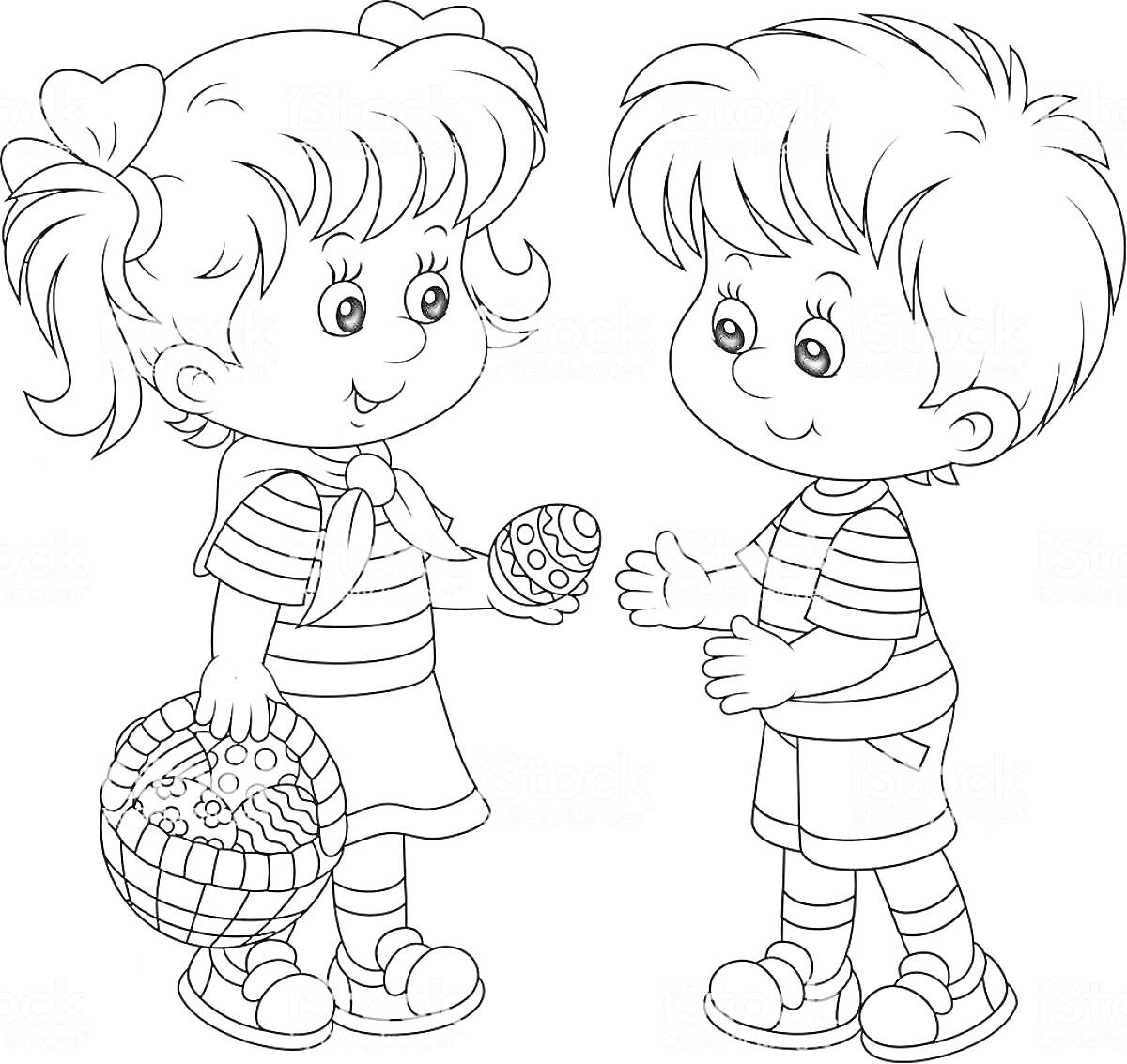 Раскраска Девочка и мальчик с корзиной и мячиком